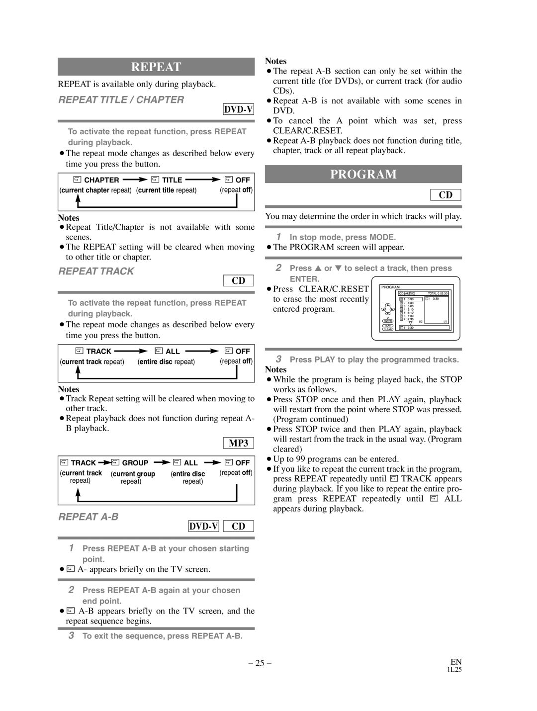 Sylvania SRD3900 owner manual Program, Repeat Title / Chapter, Repeat Track, Repeat A-B 