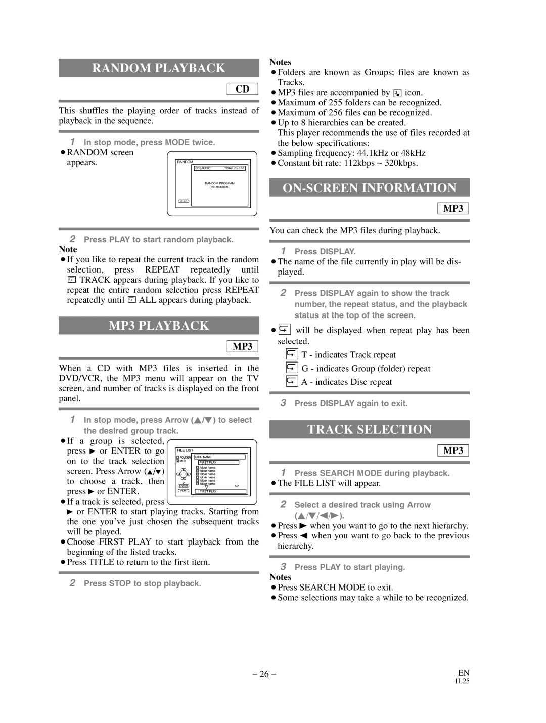 Sylvania SRD3900 owner manual Random Playback, MP3 Playback, ON-SCREEN Information, Track Selection 