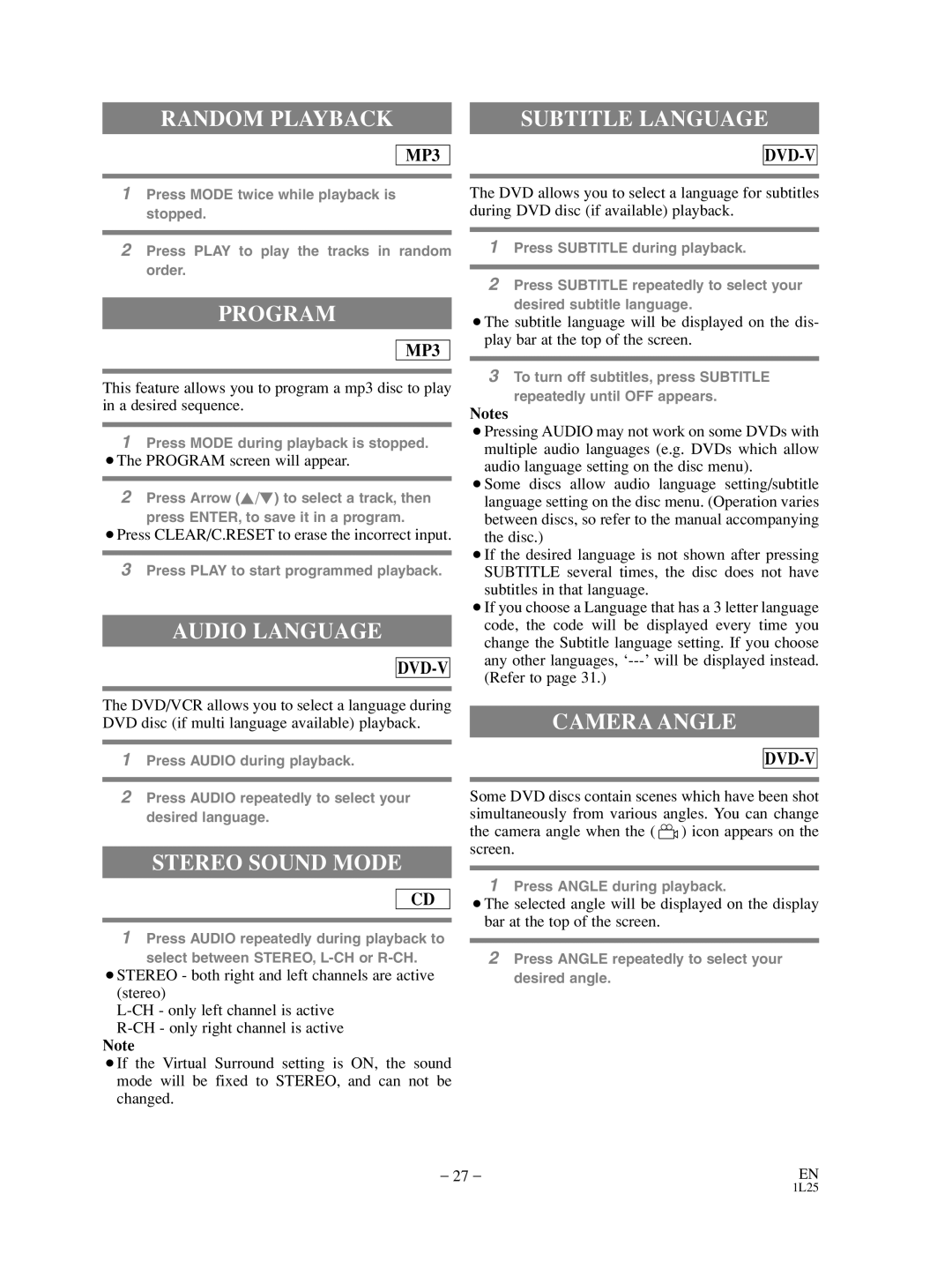 Sylvania SRD3900 owner manual Subtitle Language, Audio Language, Stereo Sound Mode, Camera Angle 