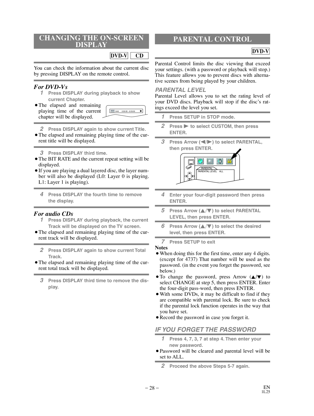 Sylvania SRD3900 owner manual Changing the ON-SCREEN Display, Parental Control, Parental Level, Chapter will be displayed 