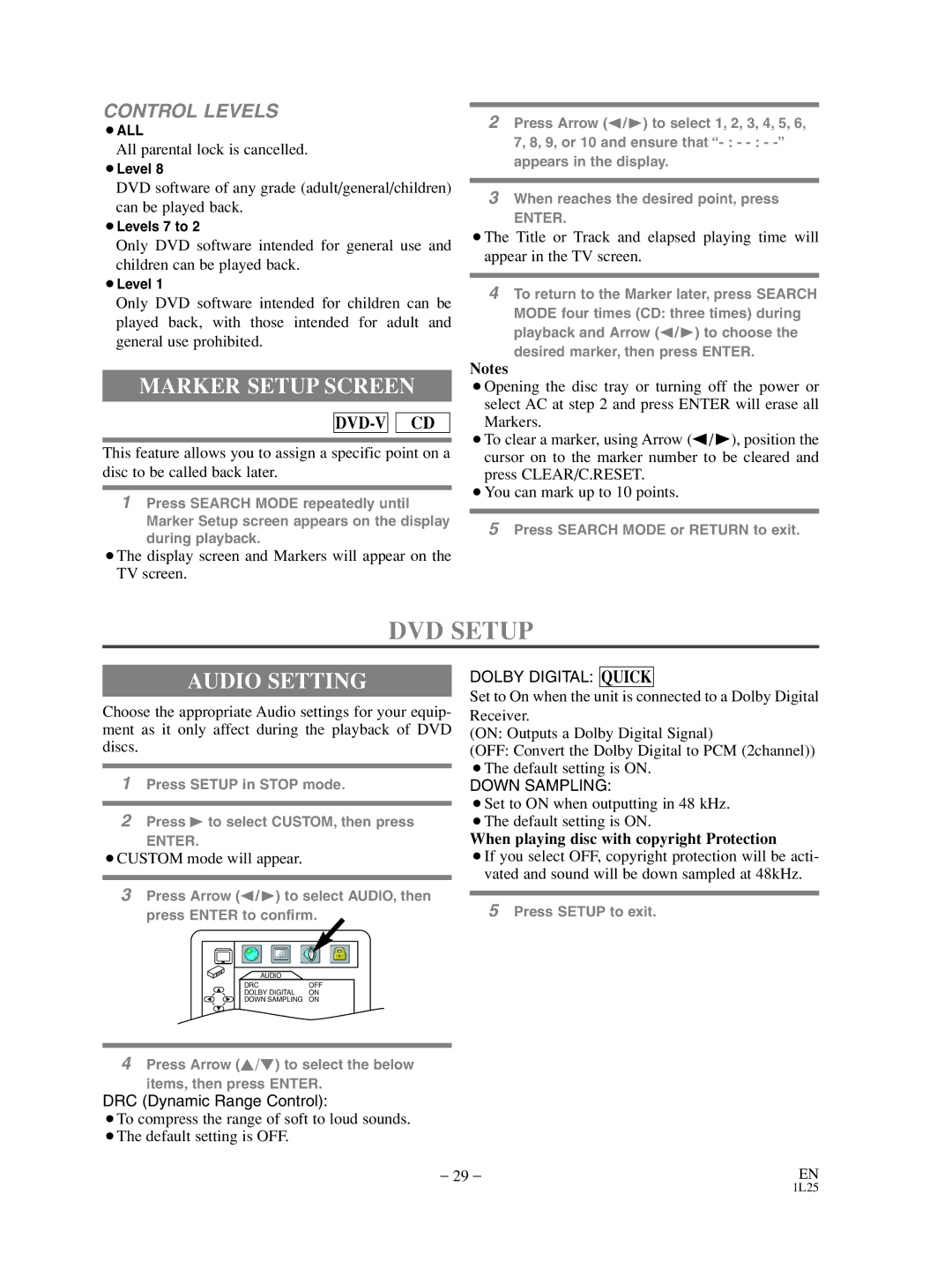 Sylvania SRD3900 DVD Setup, Marker Setup Screen, Audio Setting, All parental lock is cancelled, ¡CUSTOM mode will appear 