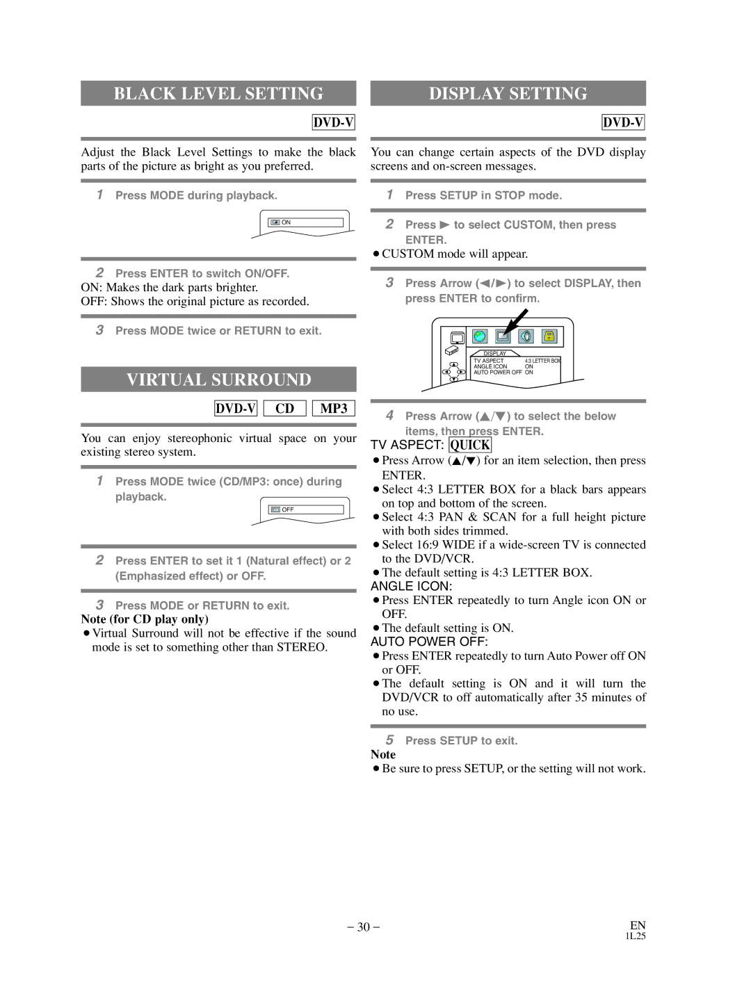 Sylvania SRD3900 owner manual Black Level Setting, Display Setting, Virtual Surround 