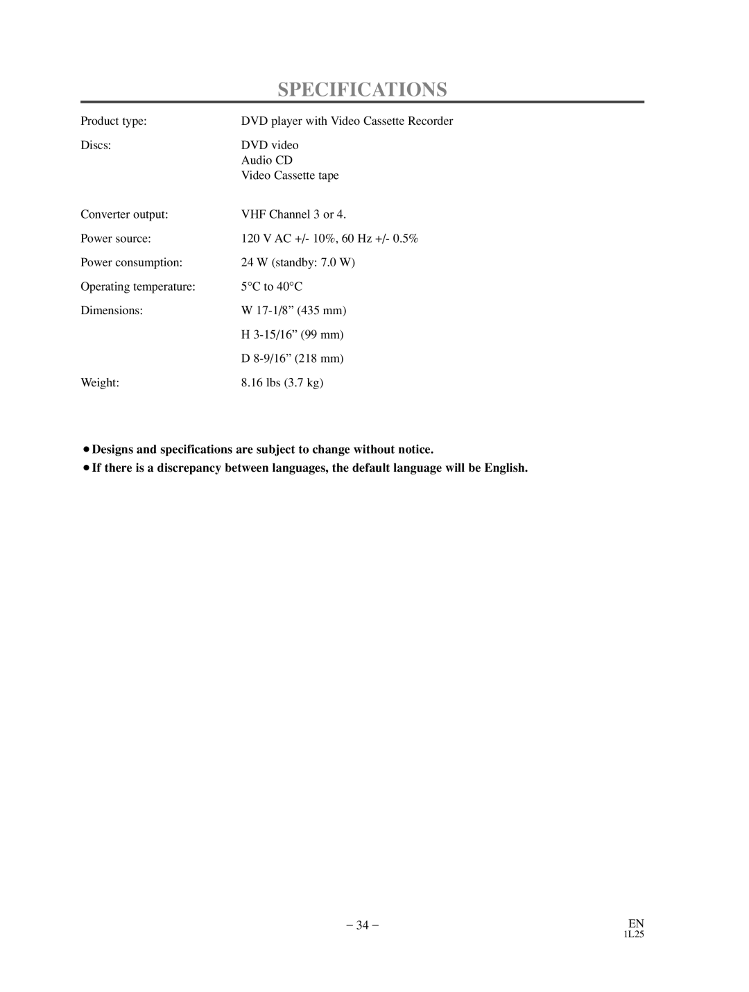 Sylvania SRD3900 owner manual Specifications 