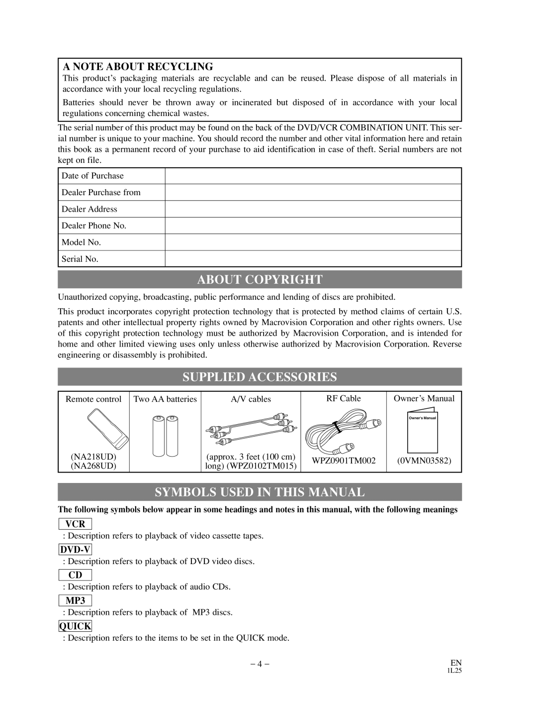 Sylvania SRD3900 owner manual About Copyright, Supplied Accessories, Symbols Used in this Manual 