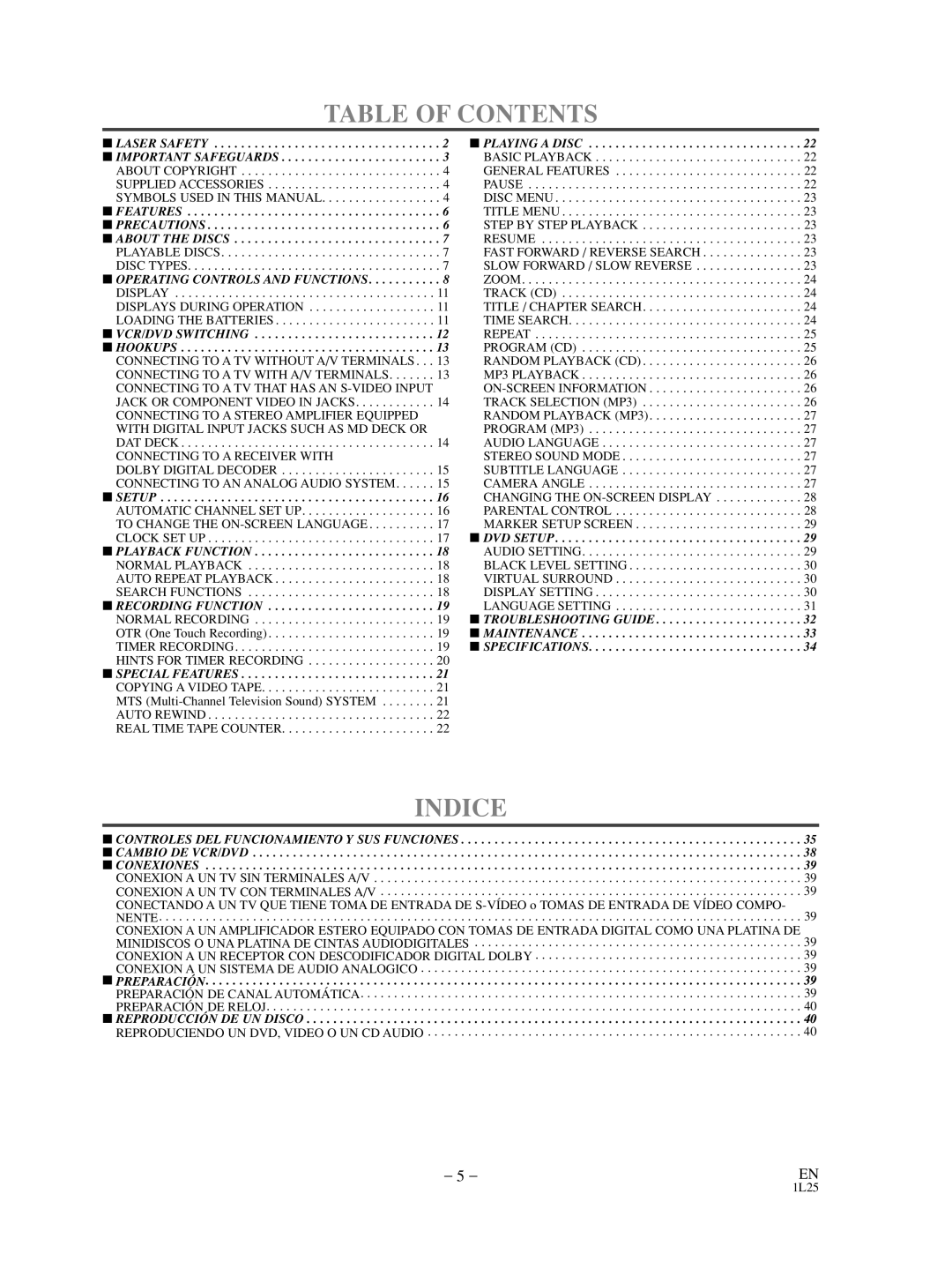 Sylvania SRD3900 owner manual Table of Contents, Indice 