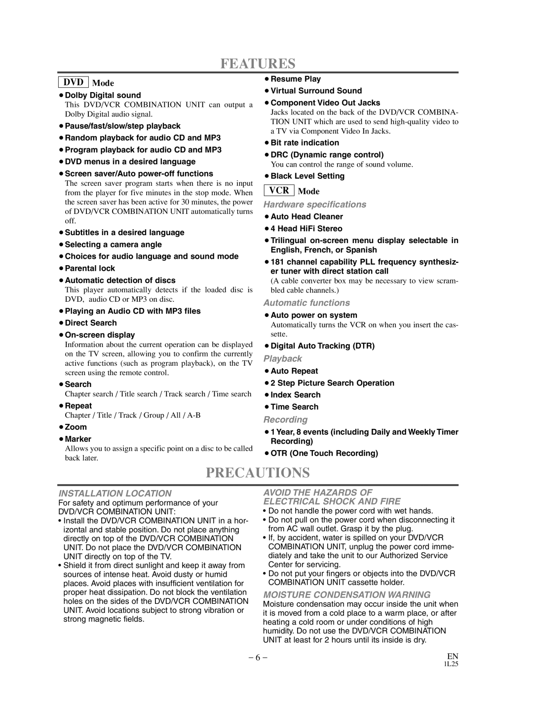 Sylvania SRD3900 owner manual Features, Precautions 