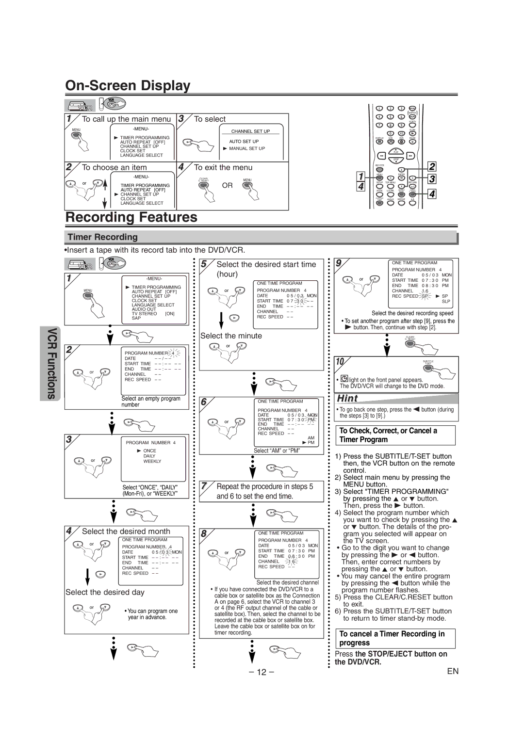 Sylvania SRD4900 On-Screen Display, Recording Features, Timer Recording, To Check, Correct, or Cancel a Timer Program 