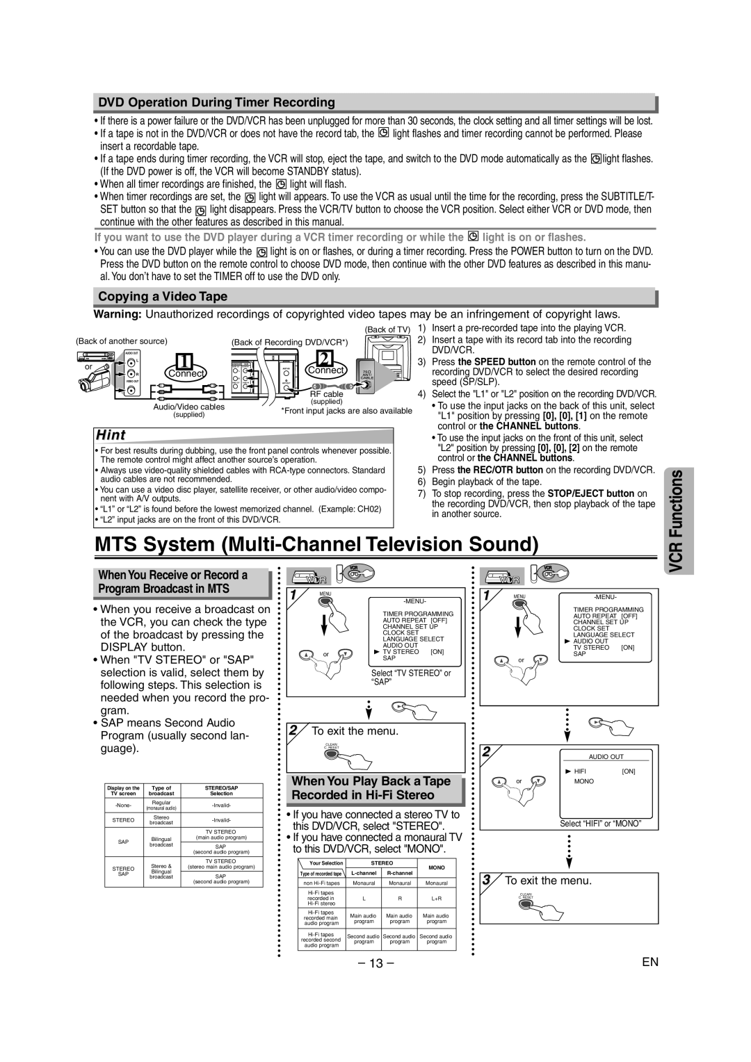 Sylvania SRD4900 MTS System Multi-Channel Television Sound, DVD Operation During Timer Recording, Copying a Video Tape 