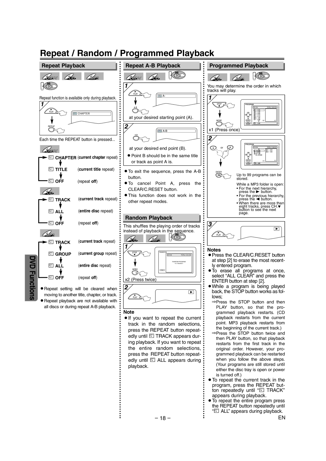 Sylvania SRD4900 owner manual Repeat / Random / Programmed Playback, Repeat Playback, Repeat A-B Playback, Random Playback 