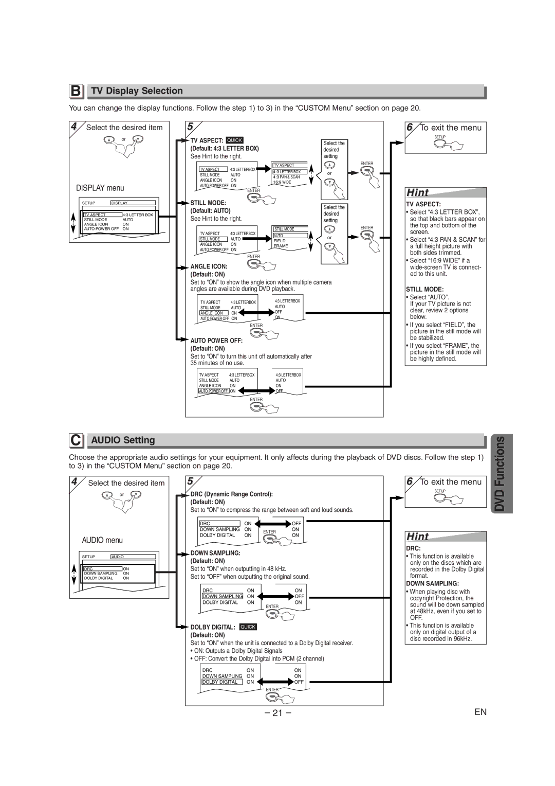 Sylvania SRD4900 owner manual TV Display Selection, Audio Setting, See Hint to the right, Minutes of no use 