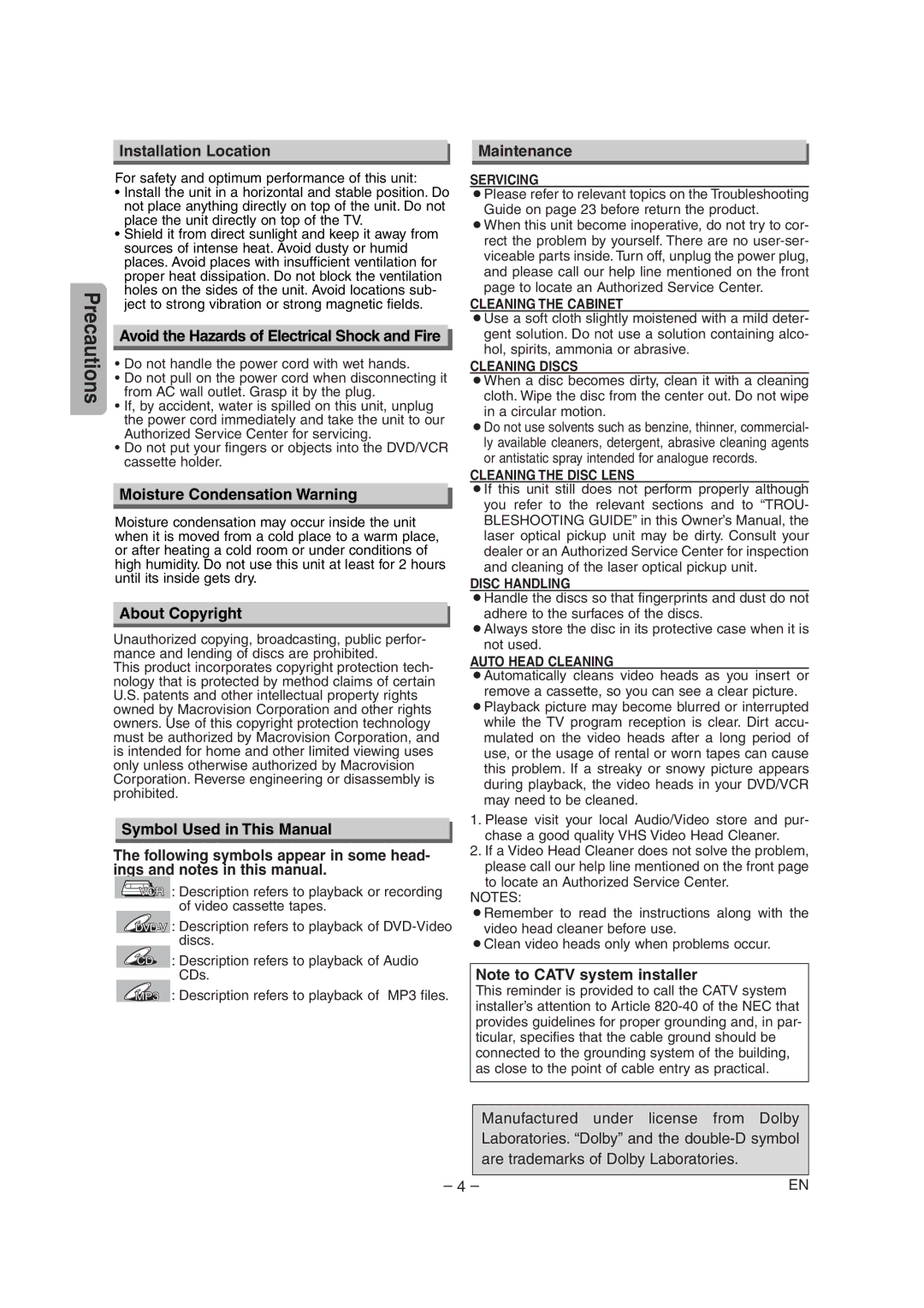 Sylvania SRD4900 Installation Location, Avoid the Hazards of Electrical Shock and Fire, Moisture Condensation Warning 