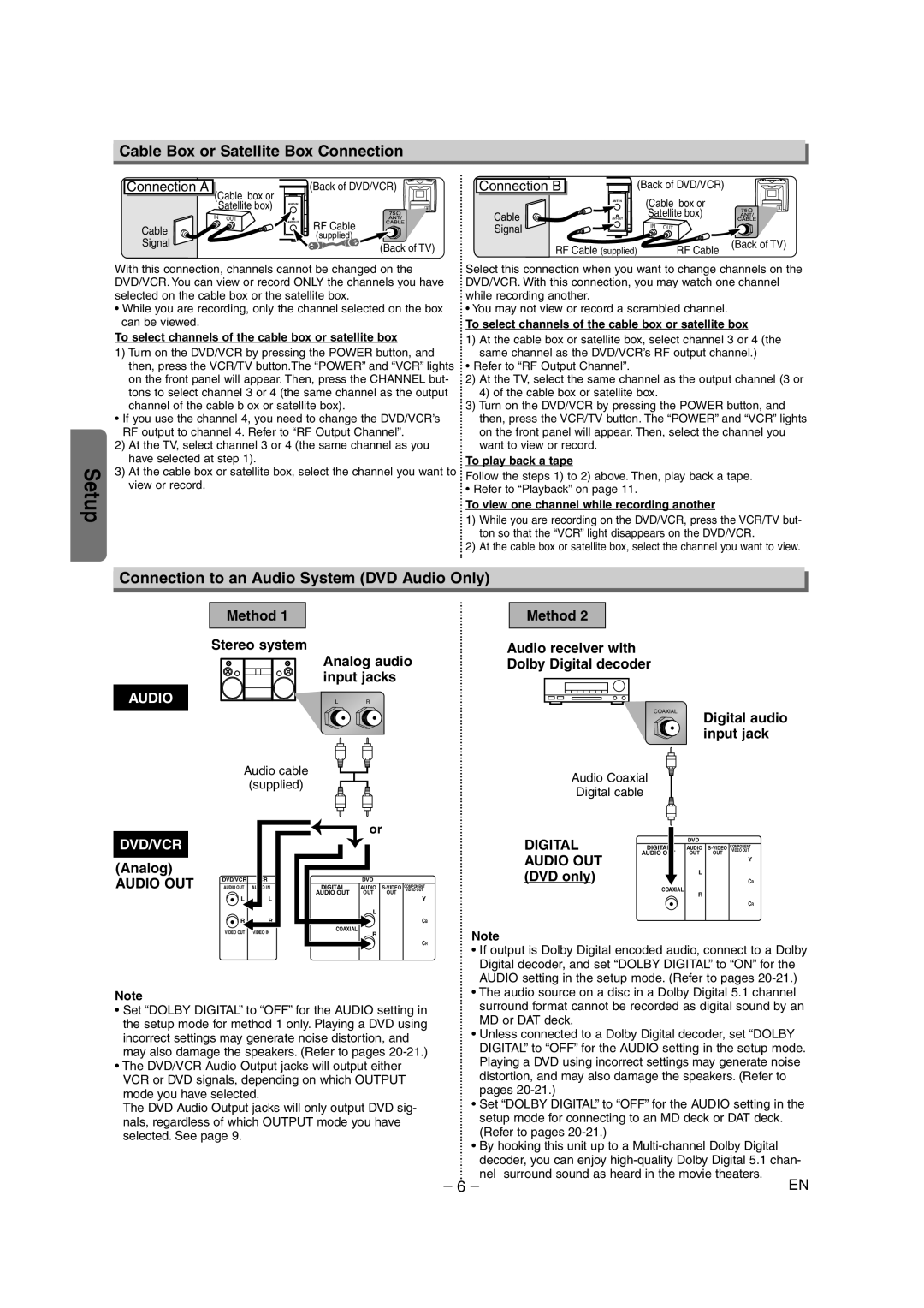 Sylvania SRD4900 owner manual Cable Box or Satellite Box Connection, Connection to an Audio System DVD Audio Only 