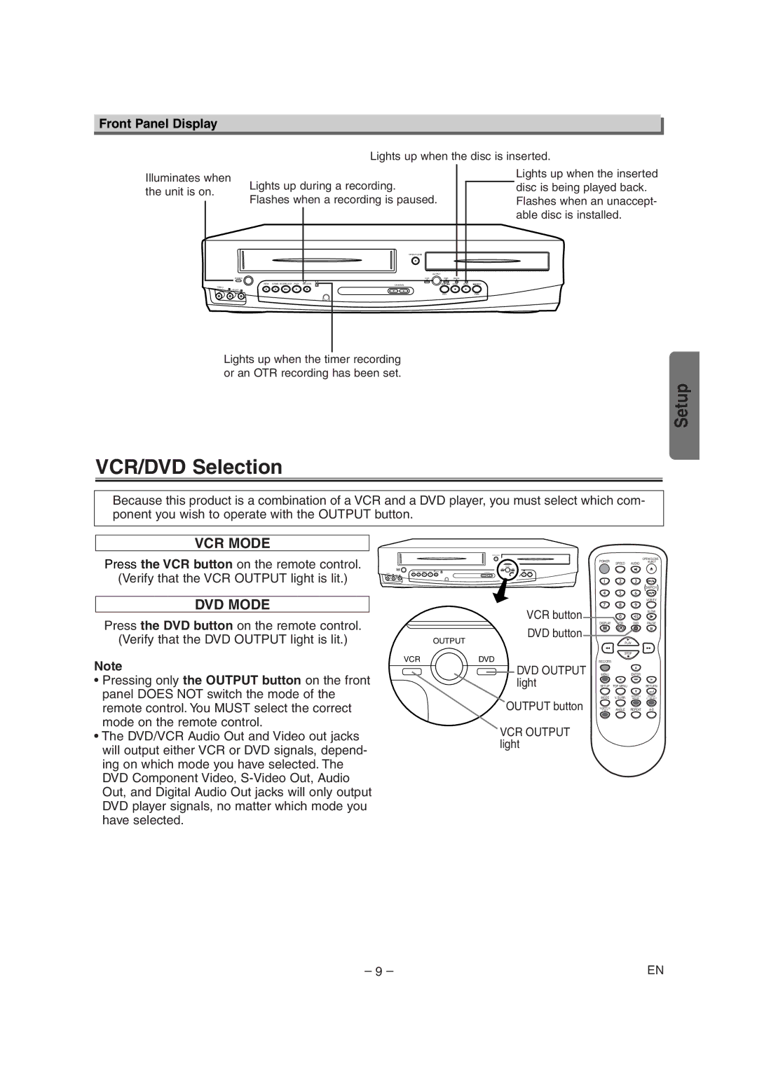 Sylvania SRD4900 owner manual VCR/DVD Selection, Front Panel Display, Lights up when the disc is inserted, VCR Output light 