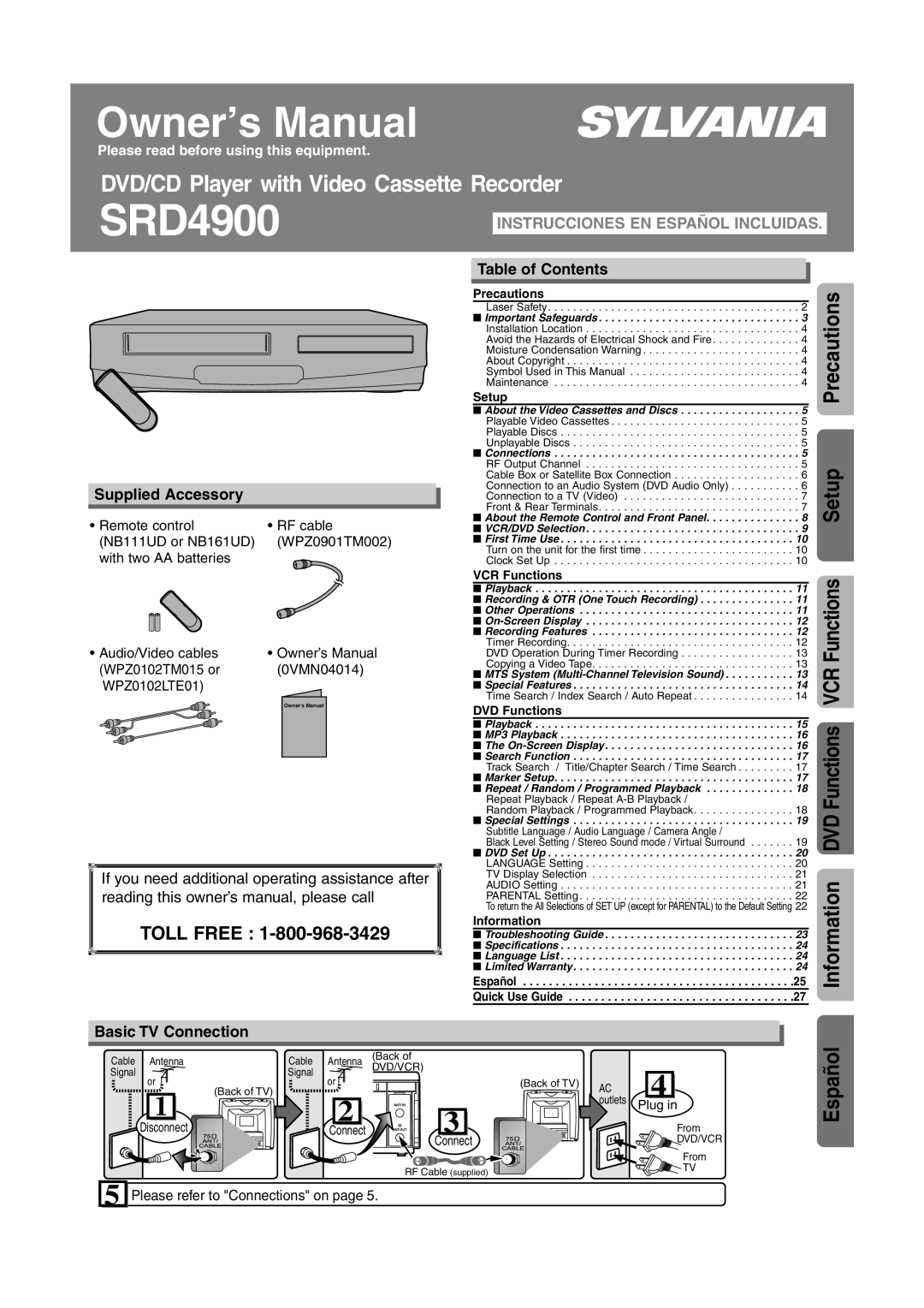 Sylvania SRD4900 owner manual Setup, Toll Free, Supplied Accessory, Table of Contents, Basic TV Connection, Remote control 