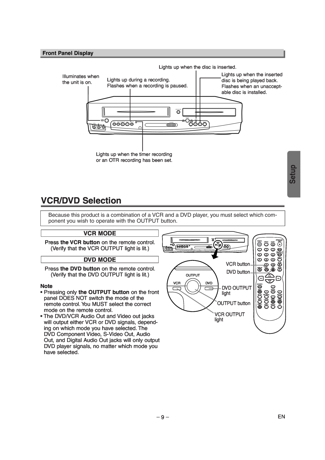 Sylvania SRD4900 owner manual VCR/DVD Selection, Vcr Mode, Dvd Mode, Front Panel Display, Setup 