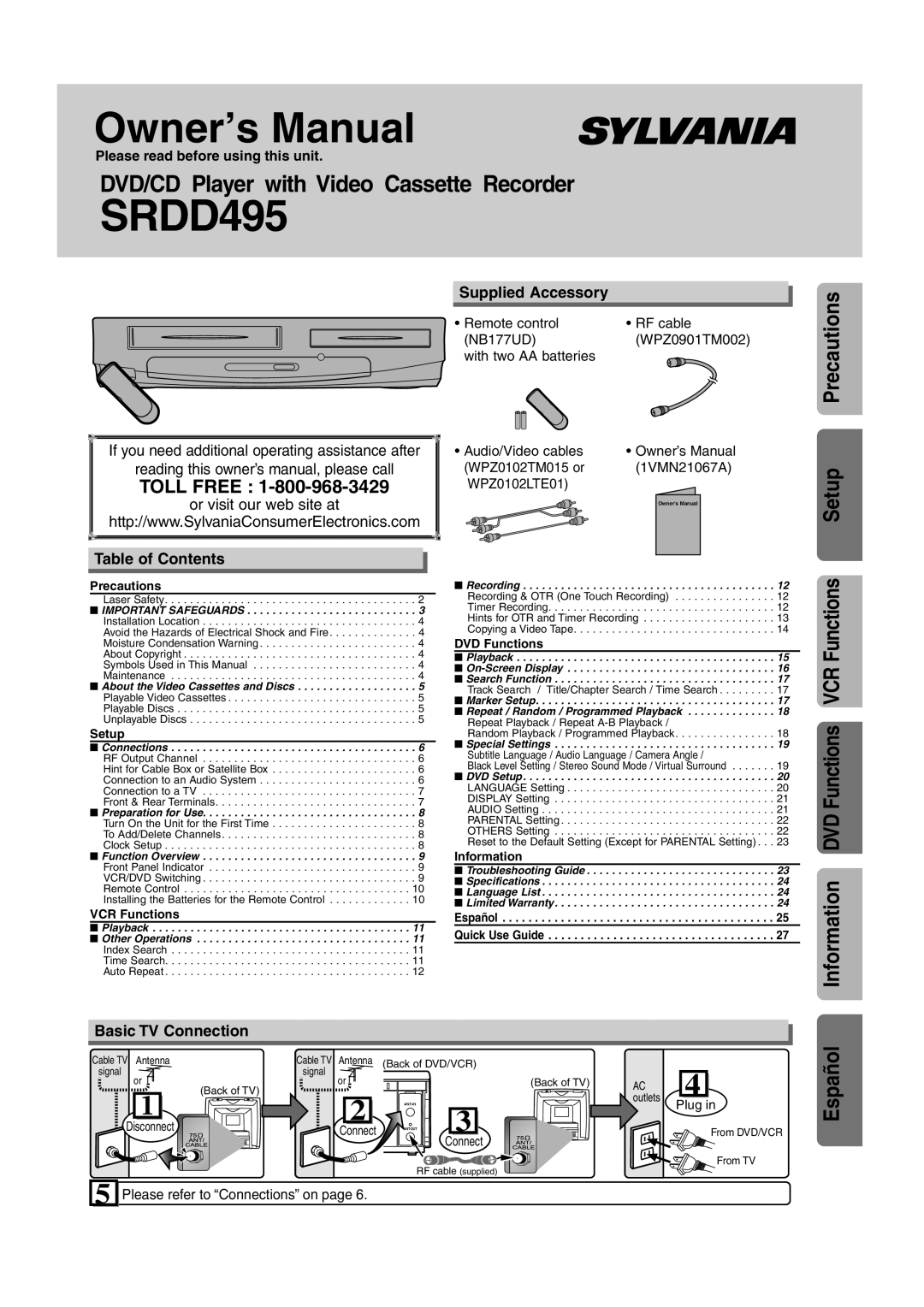 Sylvania SRDD495 owner manual Supplied Accessory, Table of Contents, Please read before using this unit 