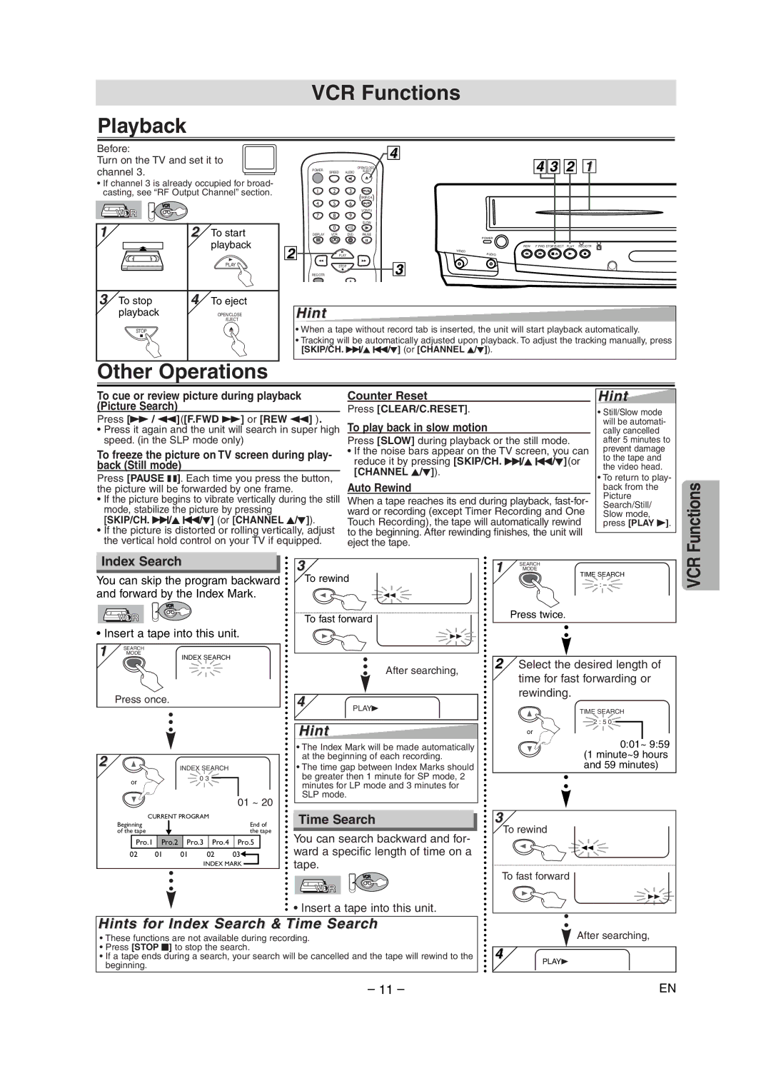 Sylvania SRDD495 owner manual VCR Functions Playback, Other Operations, Hints for Index Search & Time Search 