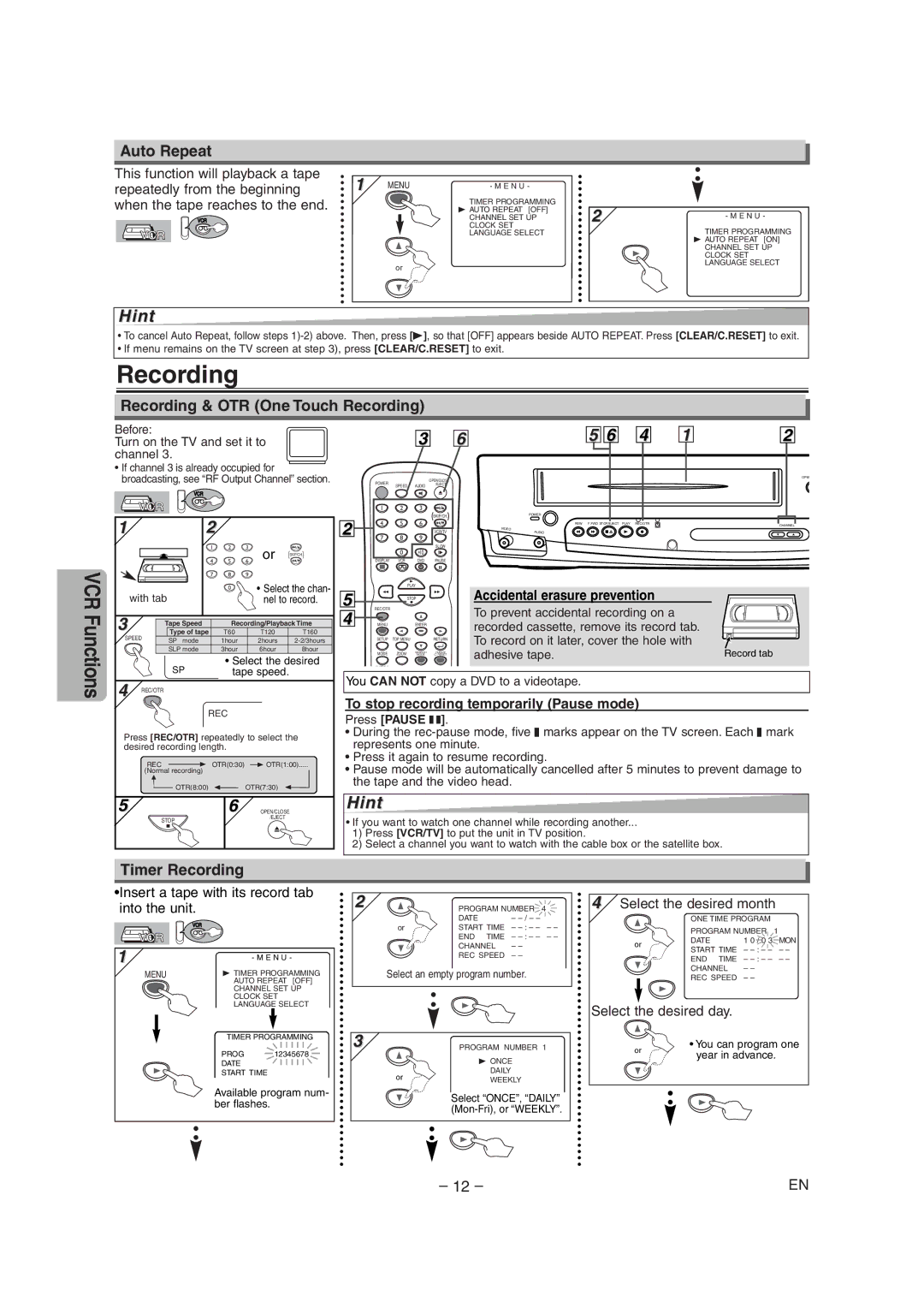 Sylvania SRDD495 owner manual Auto Repeat, Recording & OTR One Touch Recording, Timer Recording 