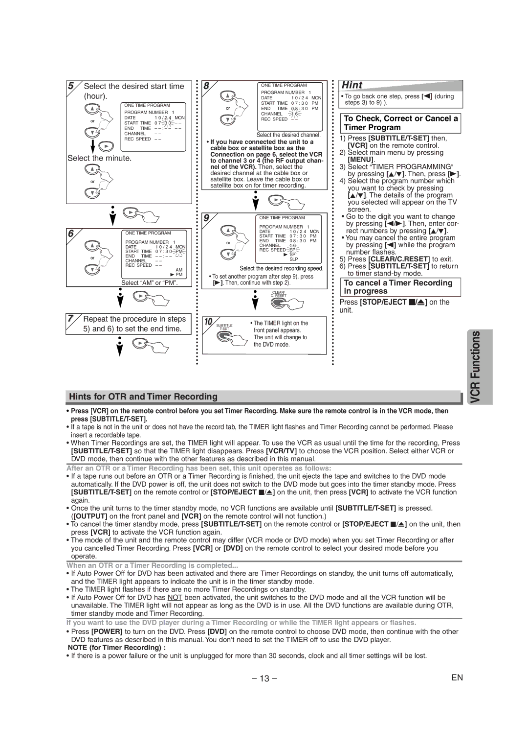 Sylvania SRDD495 owner manual Hints for OTR and Timer Recording, To Check, Correct or Cancel a Timer Program 