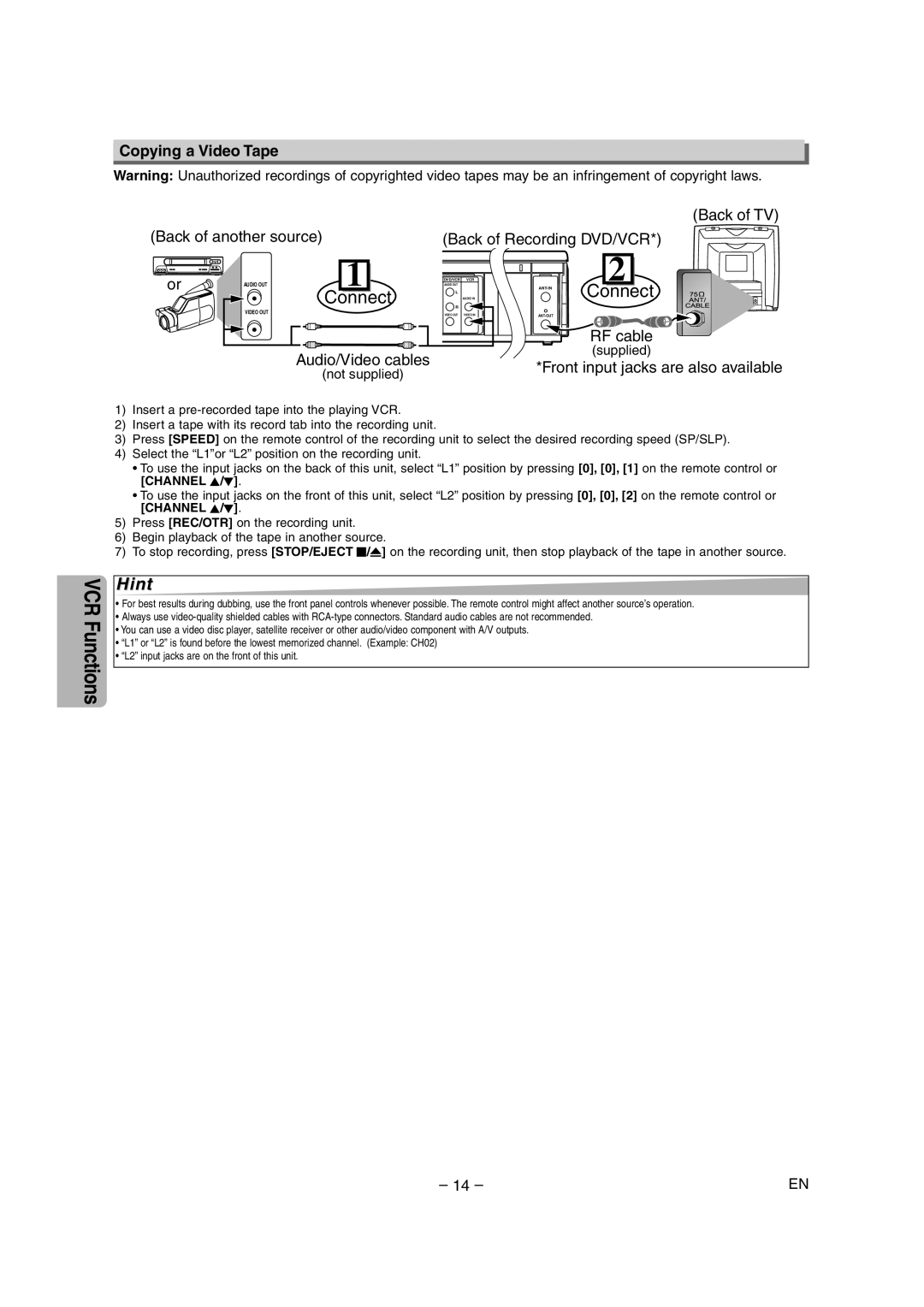 Sylvania SRDD495 owner manual Copying a Video Tape, Not supplied, Supplied 