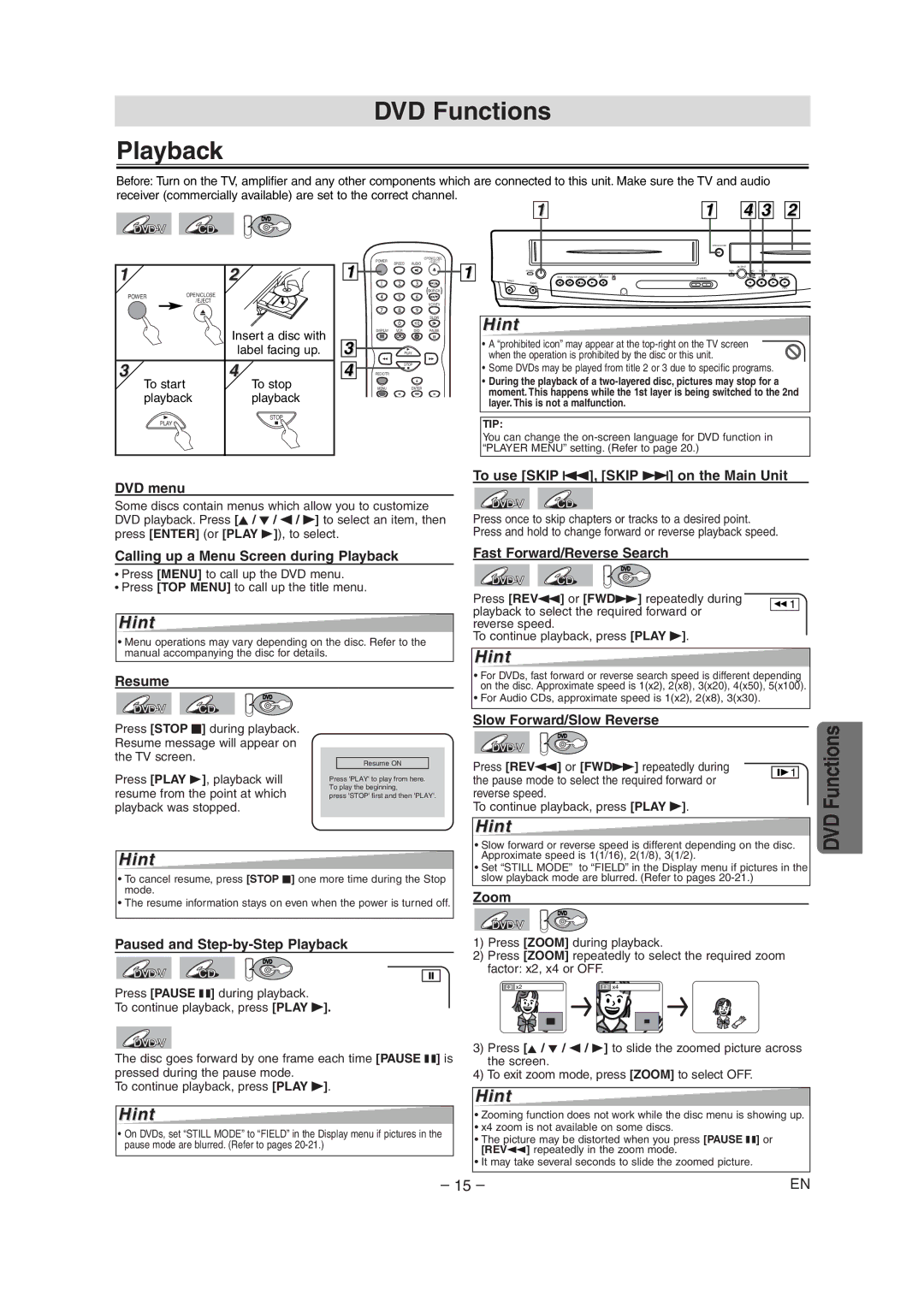 Sylvania SRDD495 owner manual DVD Functions Playback 