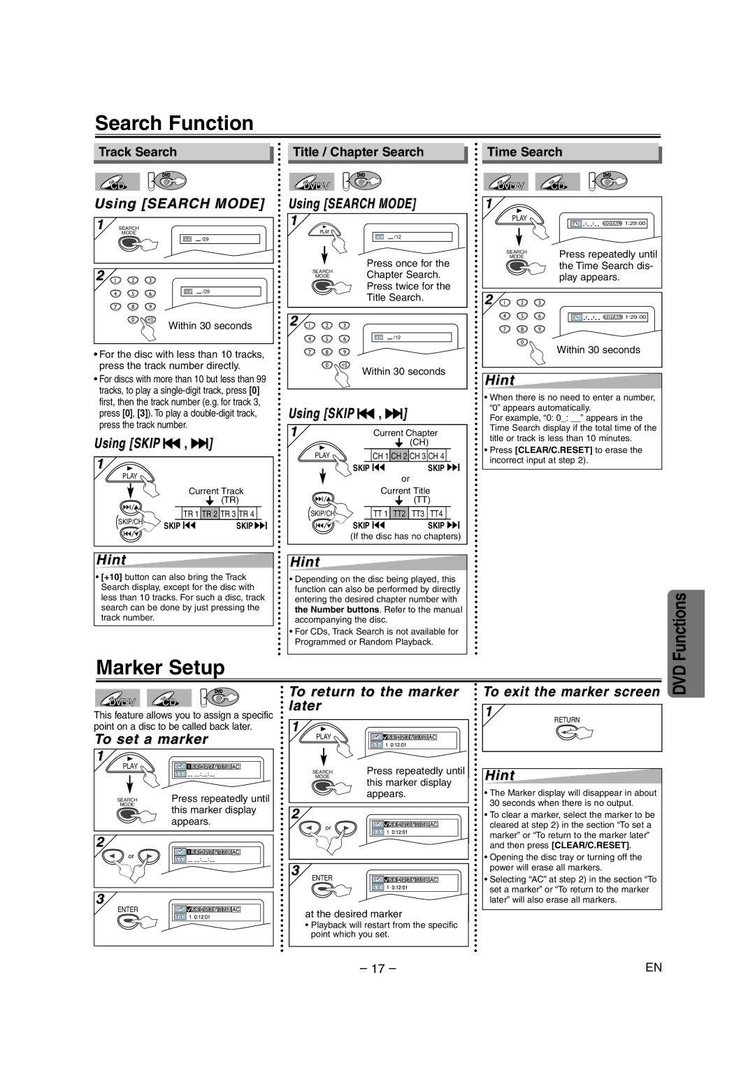 Sylvania SRDD495 owner manual Search Function, Marker Setup 