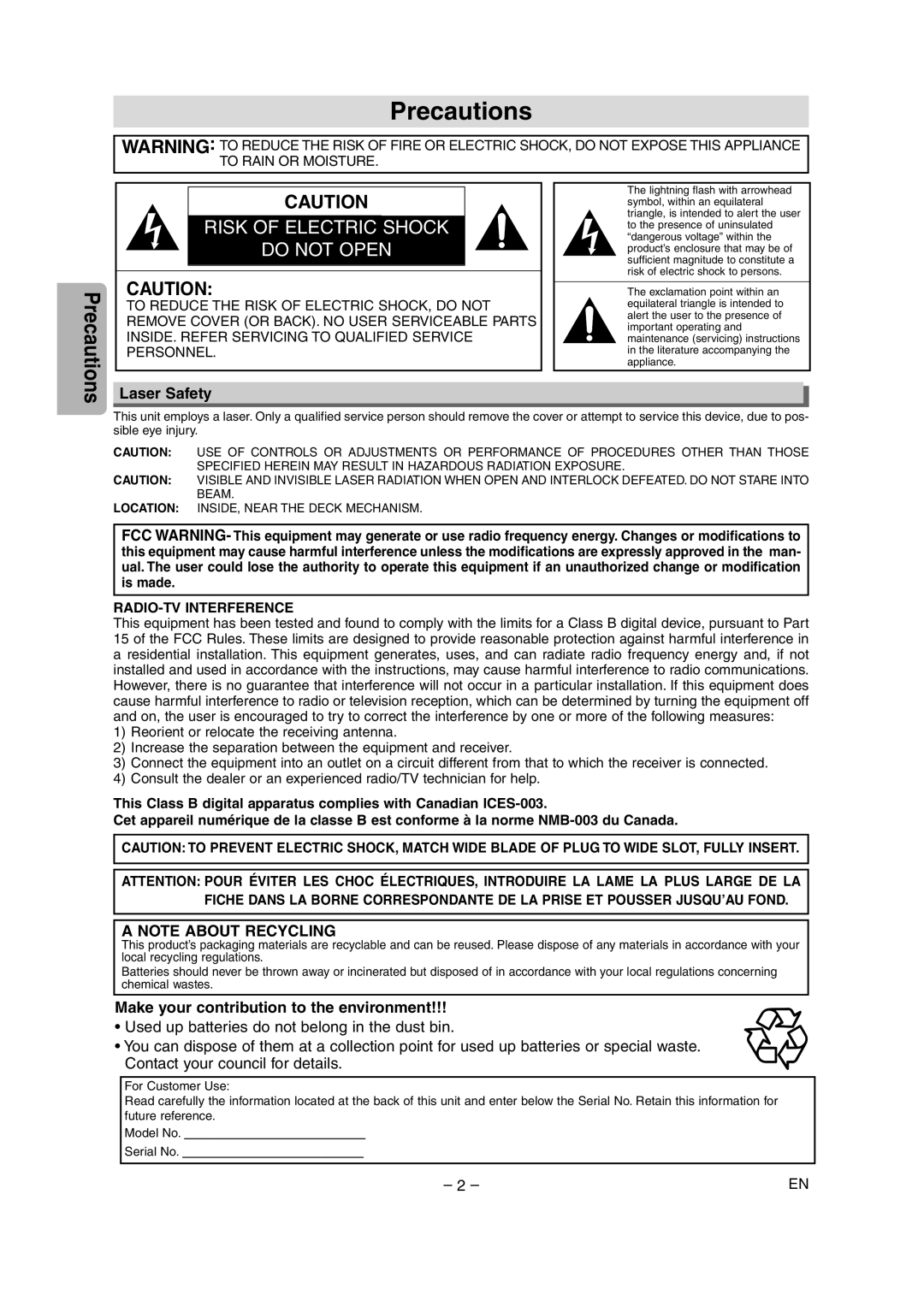 Sylvania SRDD495 owner manual Precautions, Laser Safety, Make your contribution to the environment 