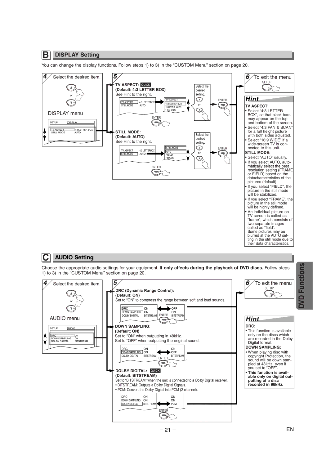 Sylvania SRDD495 owner manual Display Setting, Audio Setting, Display menu, Audio menu 