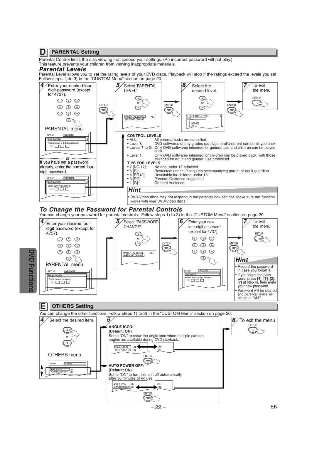 Sylvania SRDD495 Parental Levels, To Change the Password for Parental Controls, Parental Setting, Others Setting 