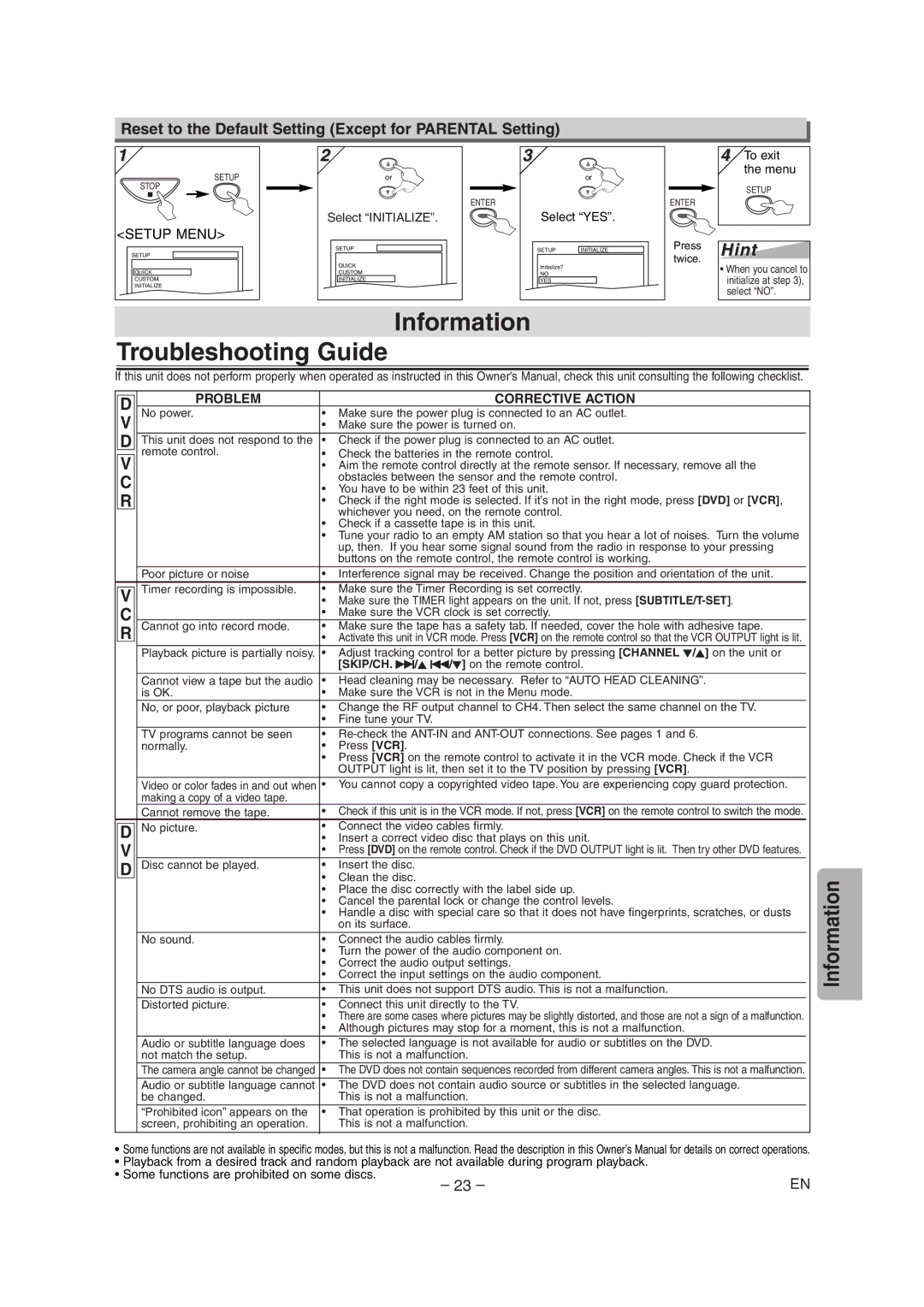 Sylvania SRDD495 owner manual Information Troubleshooting Guide, Reset to the Default Setting Except for Parental Setting 