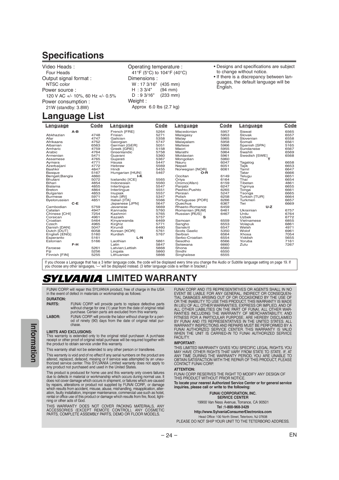 Sylvania SRDD495 owner manual Specifications, Language List 