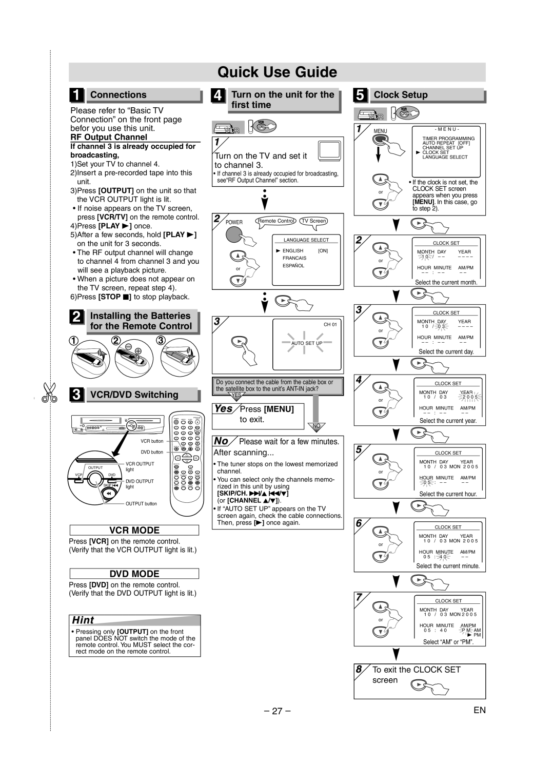 Sylvania SRDD495 owner manual Quick Use Guide, Connections, Turn on the unit for the first time, Installing the Batteries 