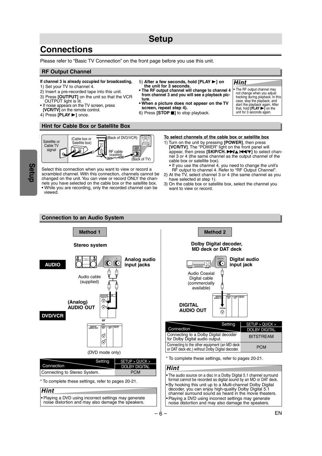 Sylvania SRDD495 Setup Connections, RF Output Channel, Hint for Cable Box or Satellite Box, Connection to an Audio System 