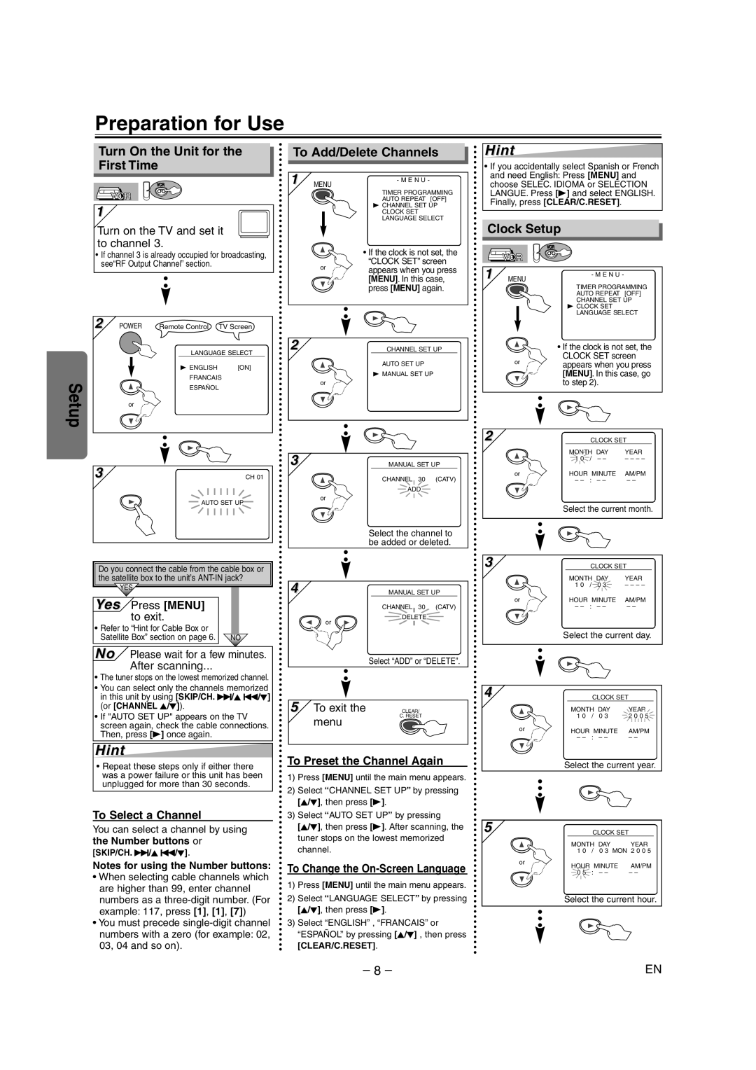 Sylvania SRDD495 owner manual Preparation for Use, Turn On the Unit for First Time, To Add/Delete Channels, Clock Setup 