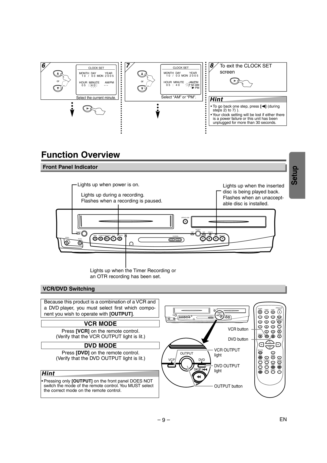 Sylvania SRDD495 owner manual Function Overview, Front Panel Indicator, VCR/DVD Switching 