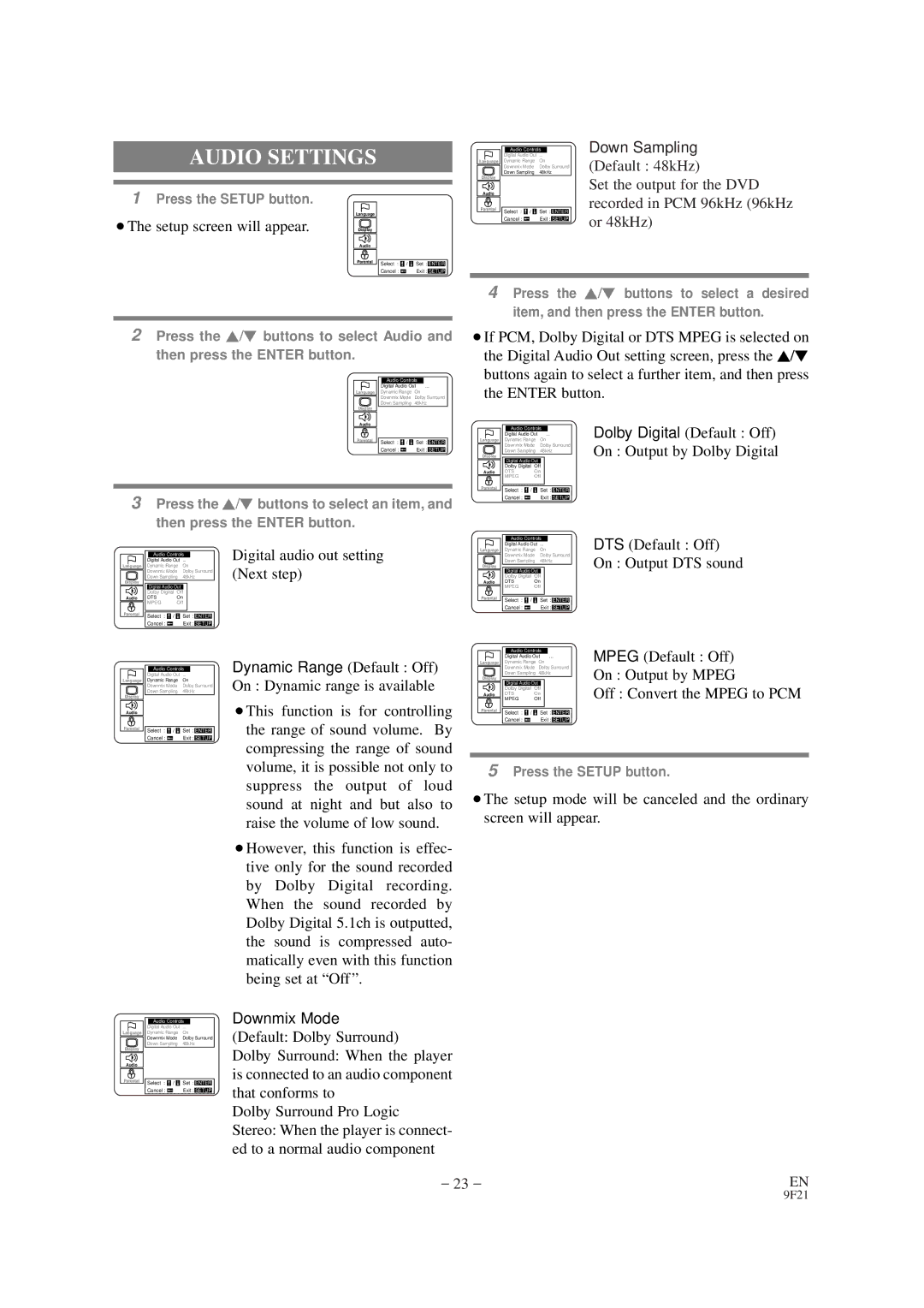 Sylvania SRDV100 Audio Settings, Default 48kHz, Set the output for the DVD, Recorded in PCM 96kHz 96kHz, Or 48kHz 