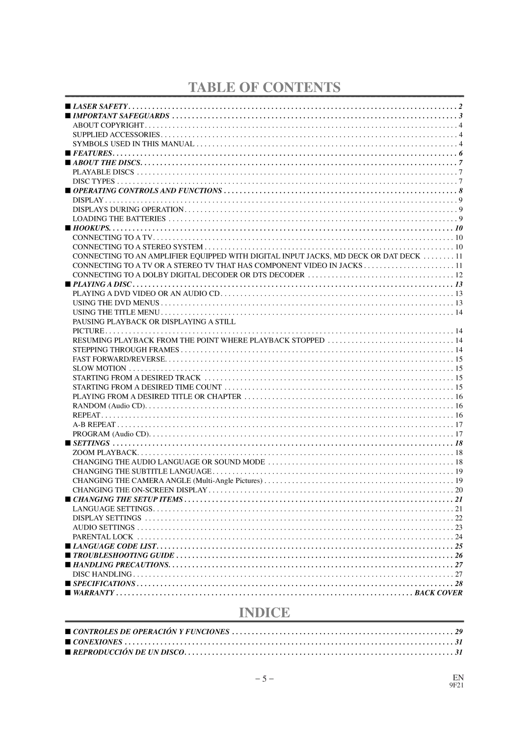 Sylvania SRDV100 owner manual Table of Contents, Indice 