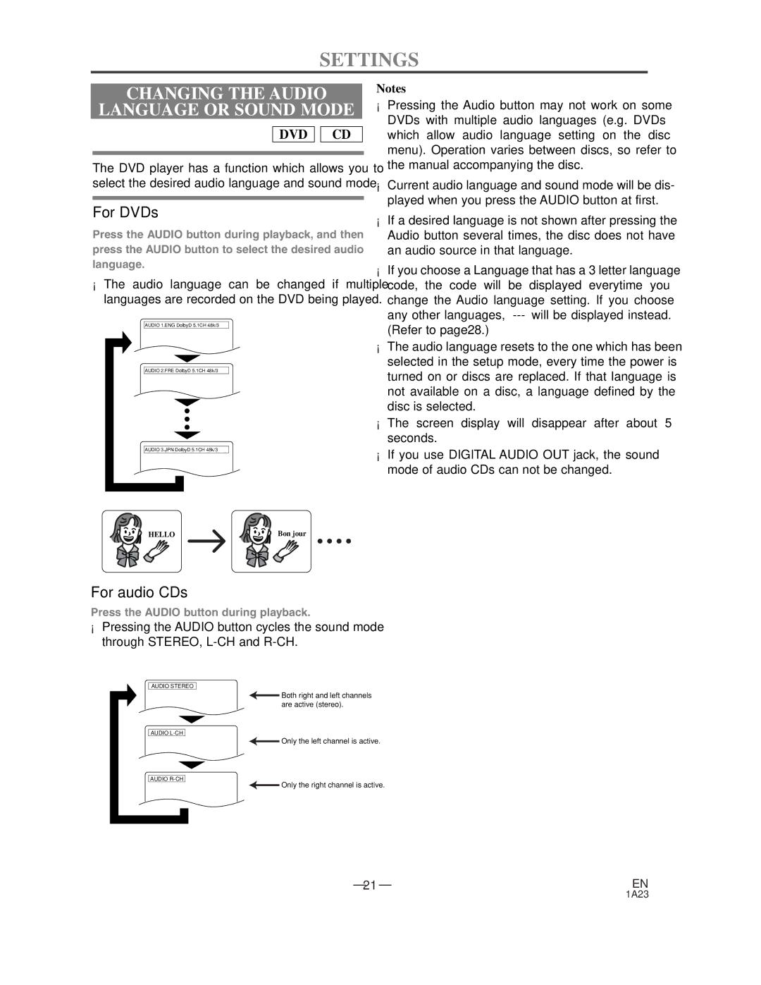 Sylvania SRDV200 owner manual Settings, Changing the Audio Language or Sound Mode 