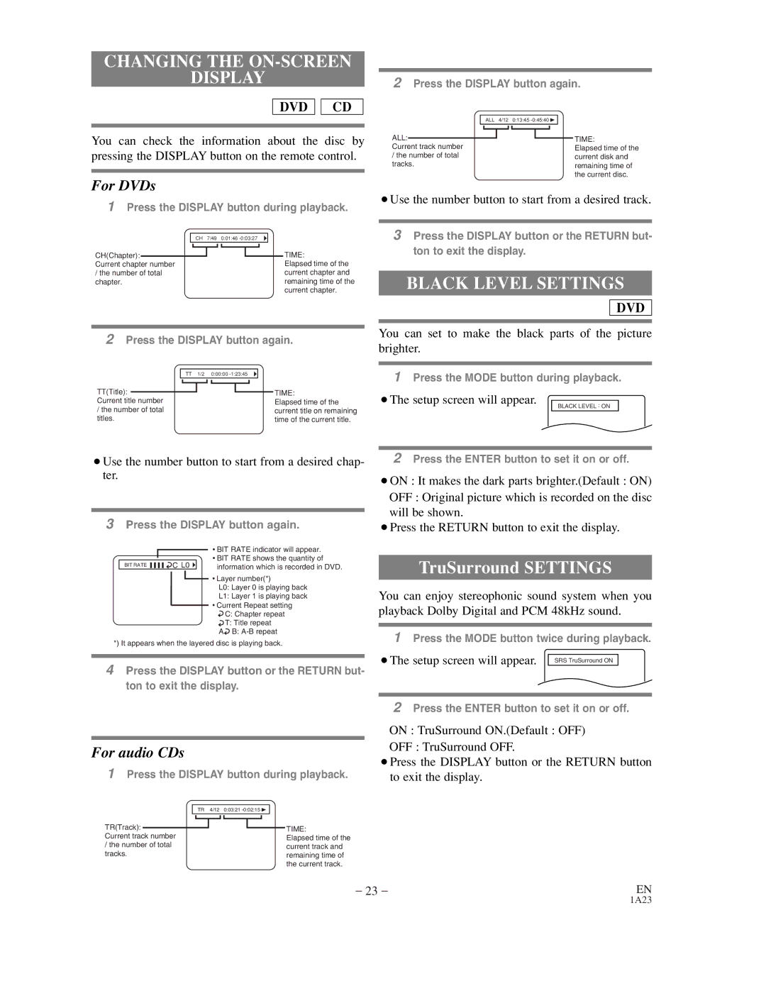 Sylvania SRDV200 owner manual Changing the ON-SCREEN Display, Black Level Settings 