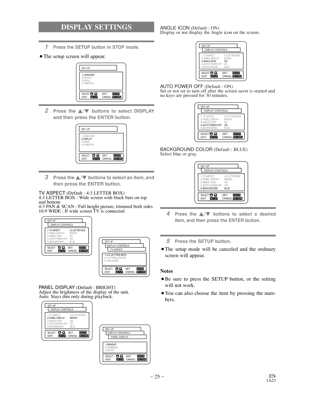 Sylvania SRDV200 owner manual Display Settings, Auto Power OFF Default on 