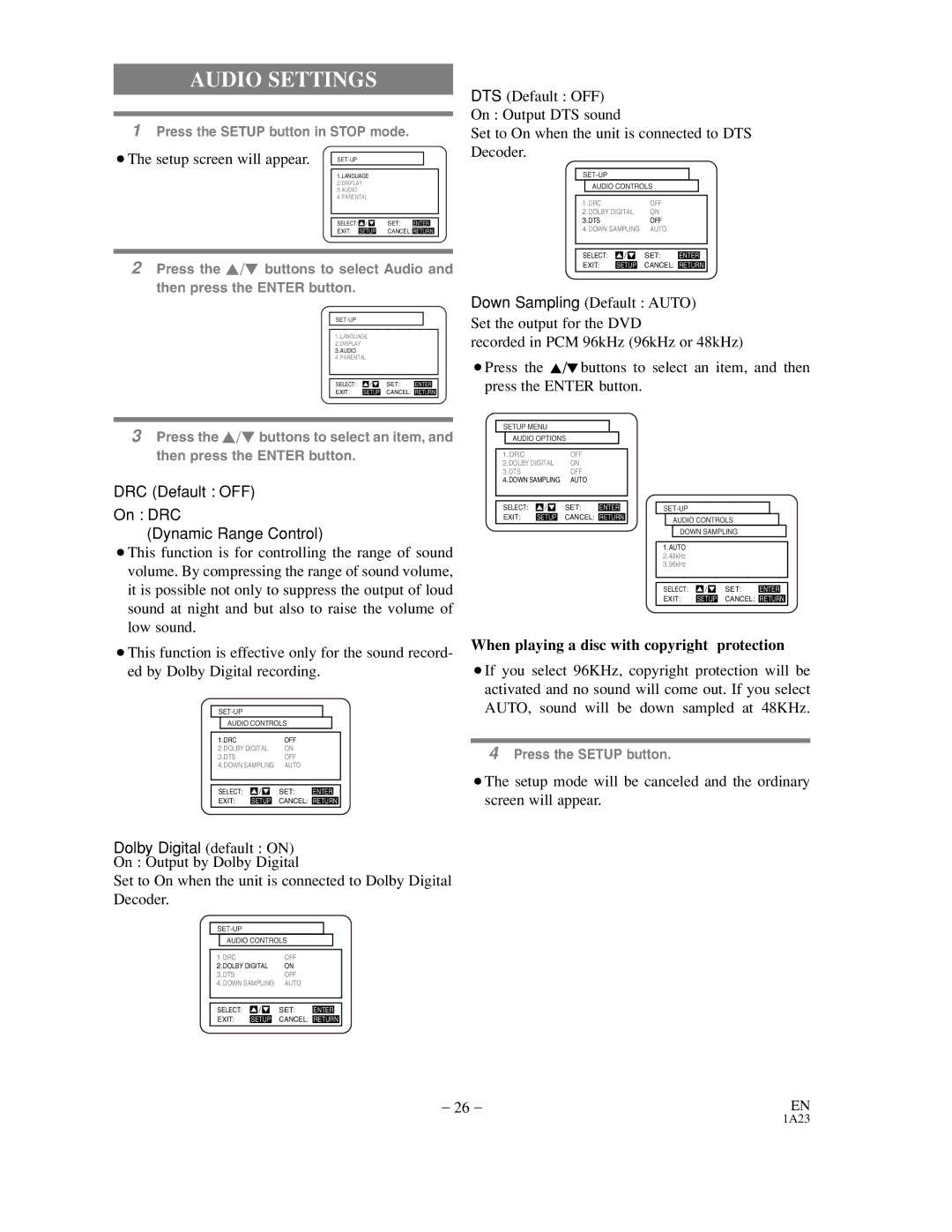 Sylvania SRDV200 owner manual Audio Settings, DRC Default OFF On DRC Dynamic Range Control 