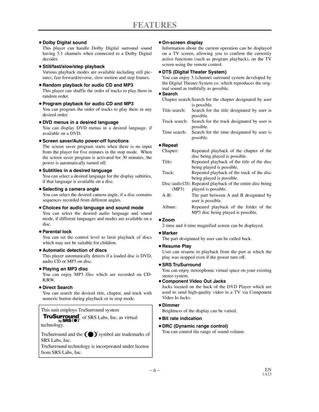 Sylvania SRDV200 owner manual Features, ¡Dolby Digital sound 