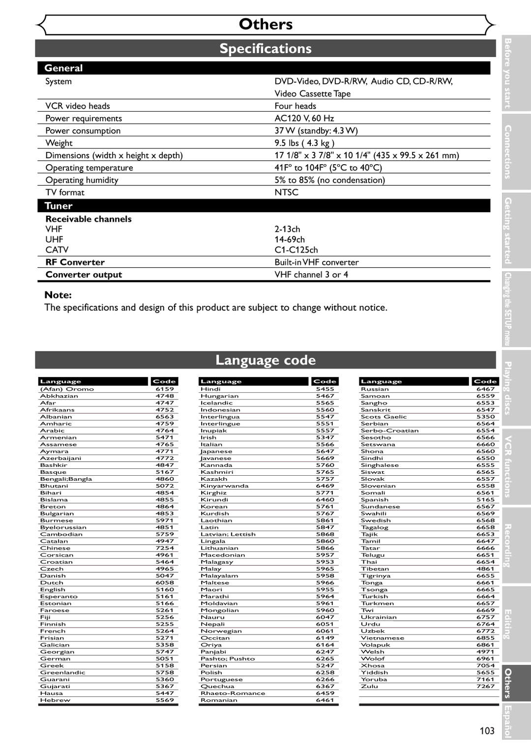 Sylvania SRDV495 owner manual Specifications, Language code, 103 