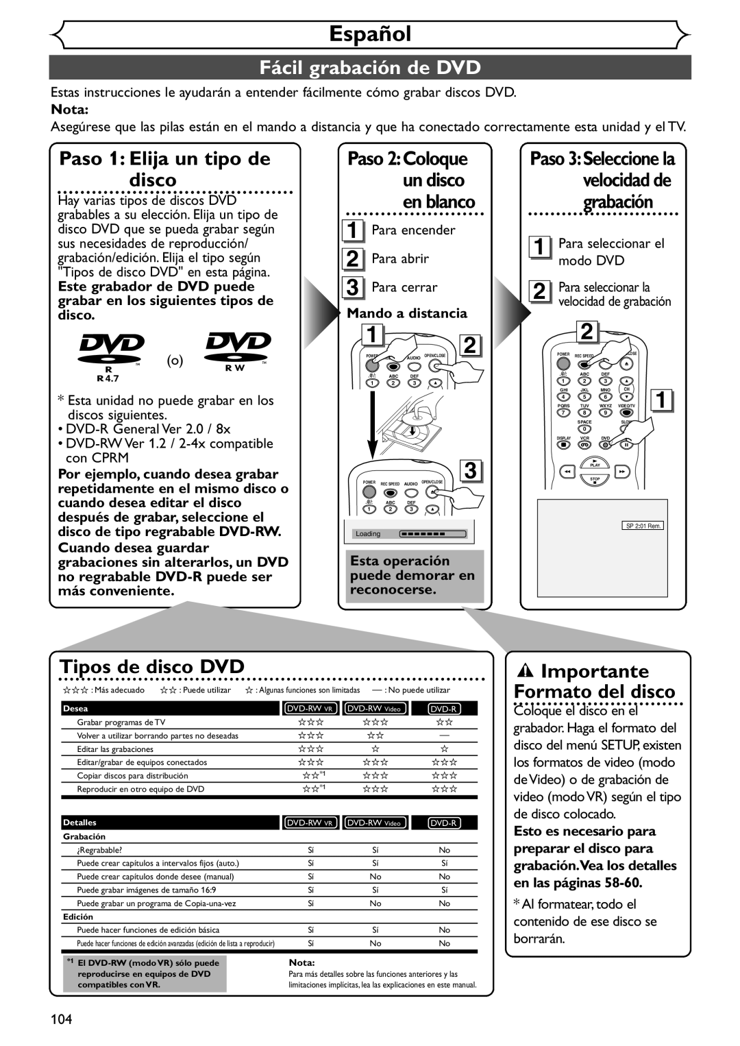 Sylvania SRDV495 owner manual Español, Fácil grabación de DVD, Nota, Mando a distancia, Modo DVD 