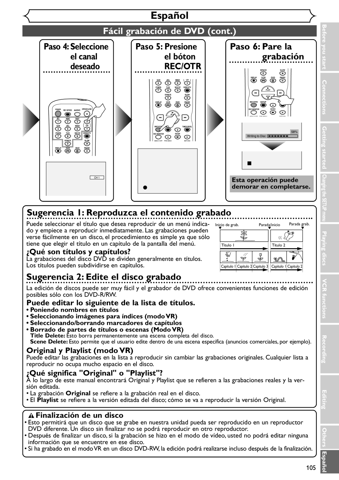 Sylvania SRDV495 ¿Qué son títulos y capítulos?, Puede editar lo siguiente de la lista de títulos, Finalización de un disco 