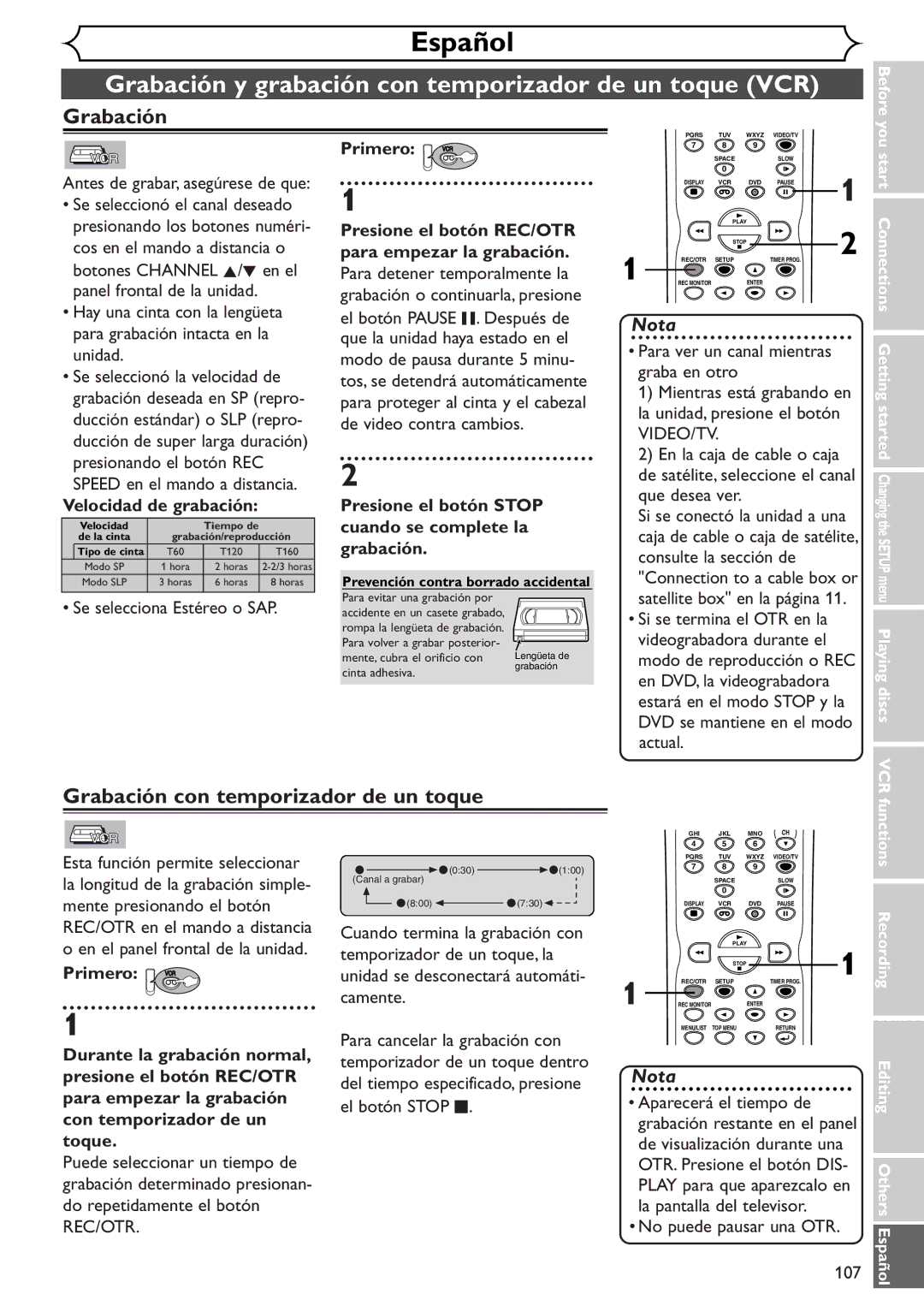 Sylvania SRDV495 owner manual Grabación con temporizador de un toque 