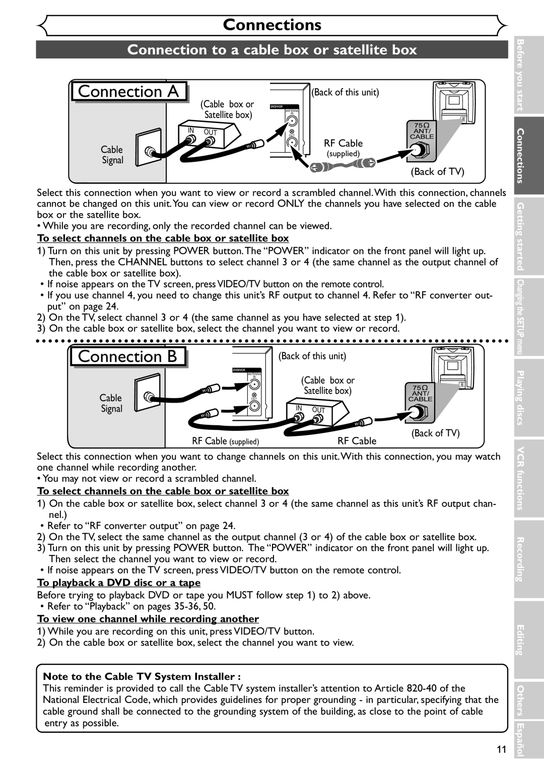 Sylvania SRDV495 Connection to a cable box or satellite box, To select channels on the cable box or satellite box 