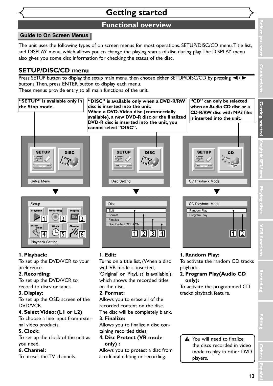 Sylvania SRDV495 owner manual Getting started, SETUP/DISC/CD menu 