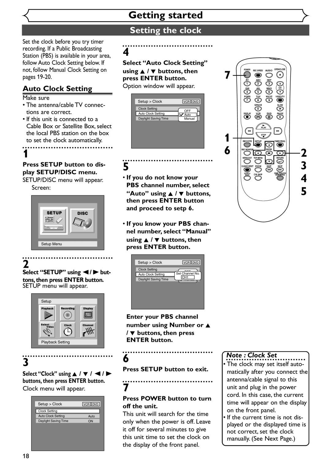 Sylvania SRDV495 owner manual Setting the clock, Auto Clock Setting, Select Setup using / B but 