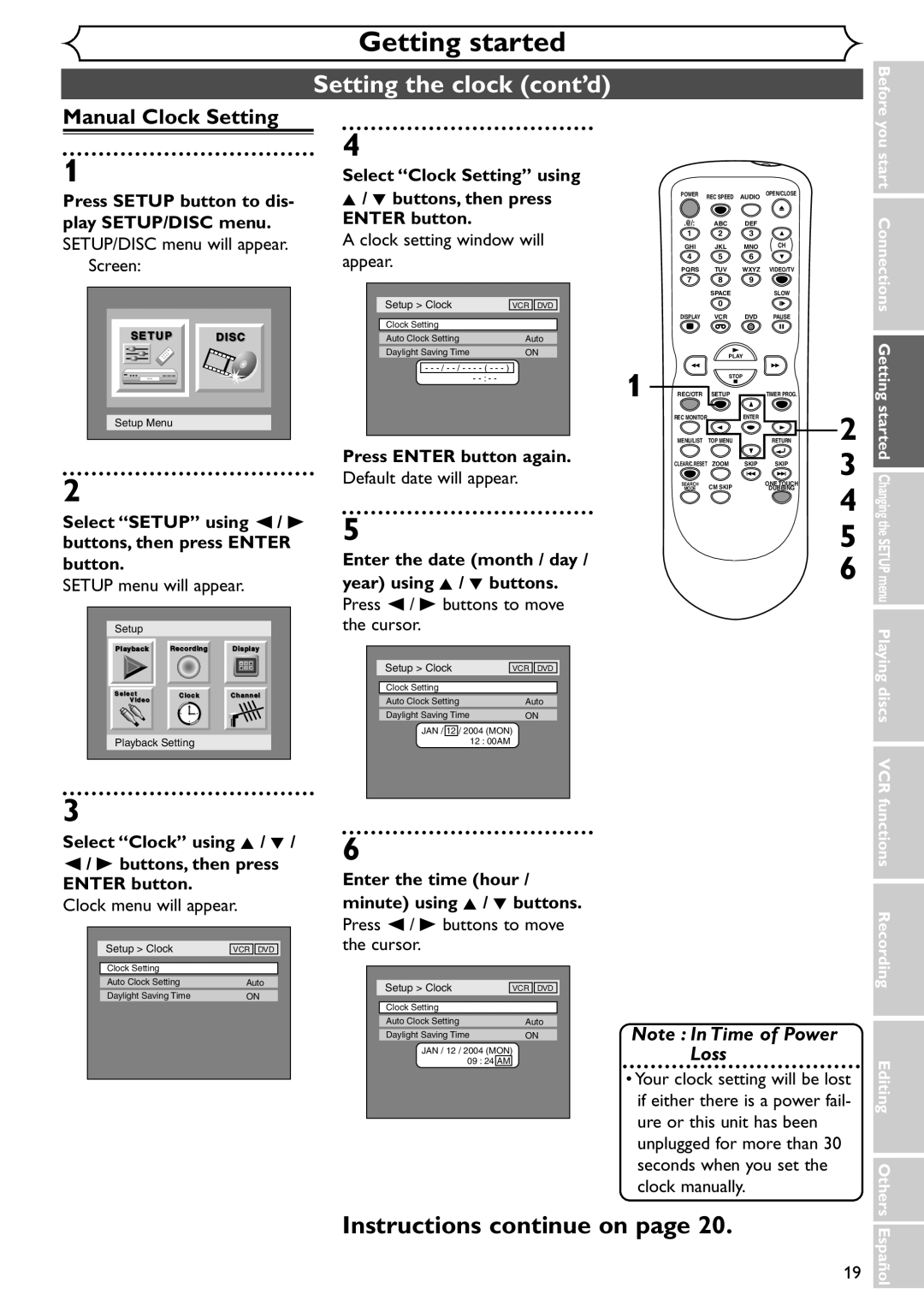 Sylvania SRDV495 owner manual Manual Clock Setting 